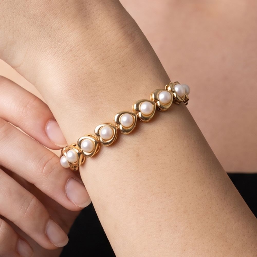 Italian Pearl Heart Tennis Bracelet, Yellow Gold