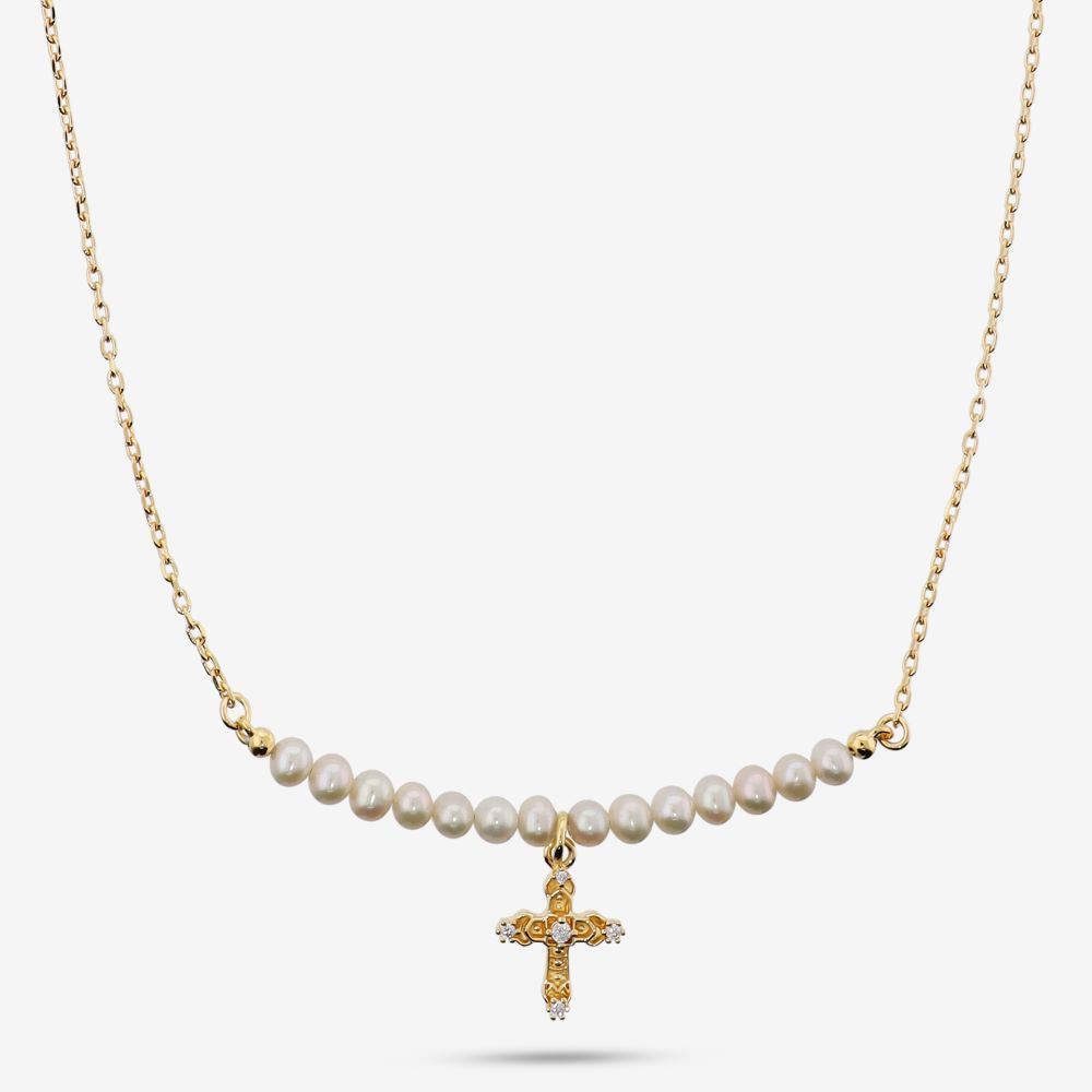 Italian Coture Inspired Pearl And Cross Necklace