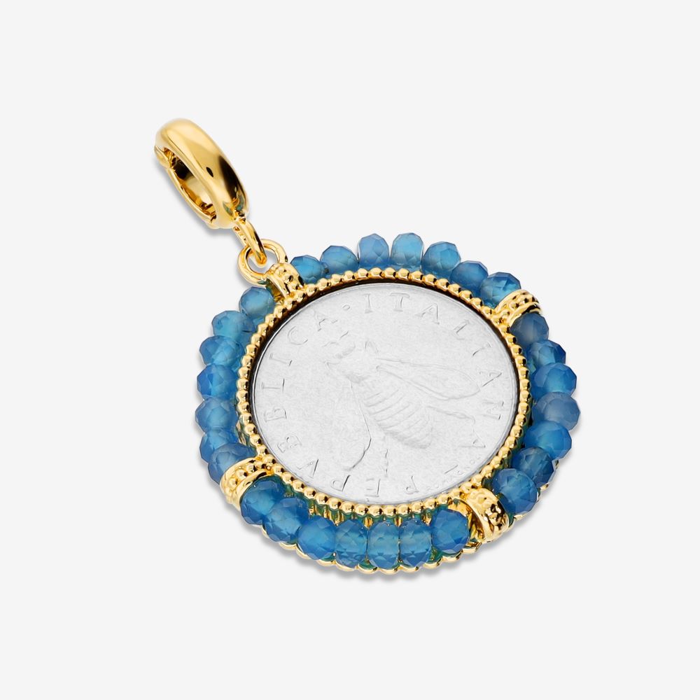 Italian Handmade Bee Lire Enhancer With Gemstone Frame, Yellow Gold